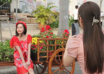 Chụp hình vườn hoa Tết